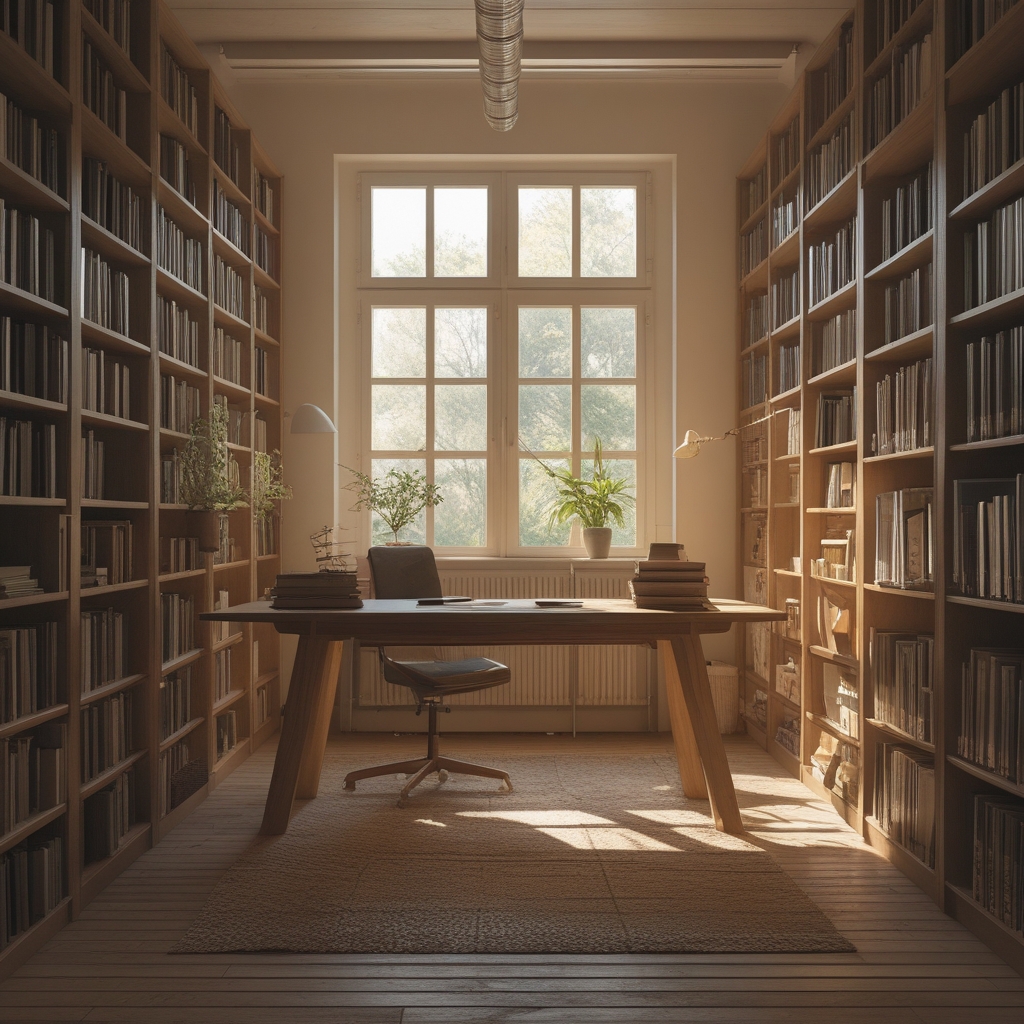 Heller, ruhiger Forschungs- und Leseraum mit Bücherregalen, einem großen Holztisch und natürlichem Fensterlicht, der eine konzentrierte und wissensbetonte Arbeitsatmosphäre vermittelt