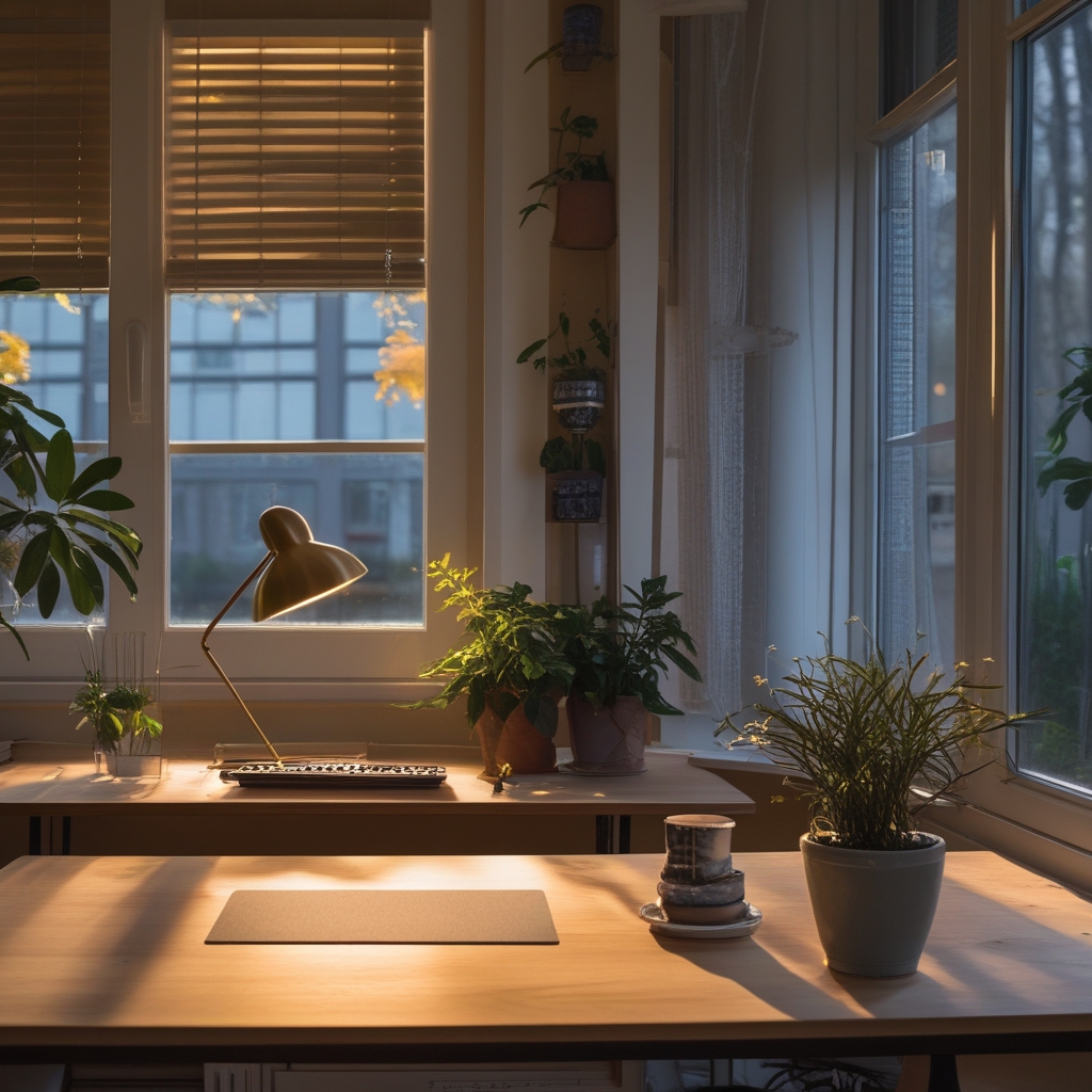 Helle, moderne Büroumgebung mit einem höhenverstellbaren Schreibtisch, Pflanzen auf dem Fensterbrett, natürliches Tageslicht