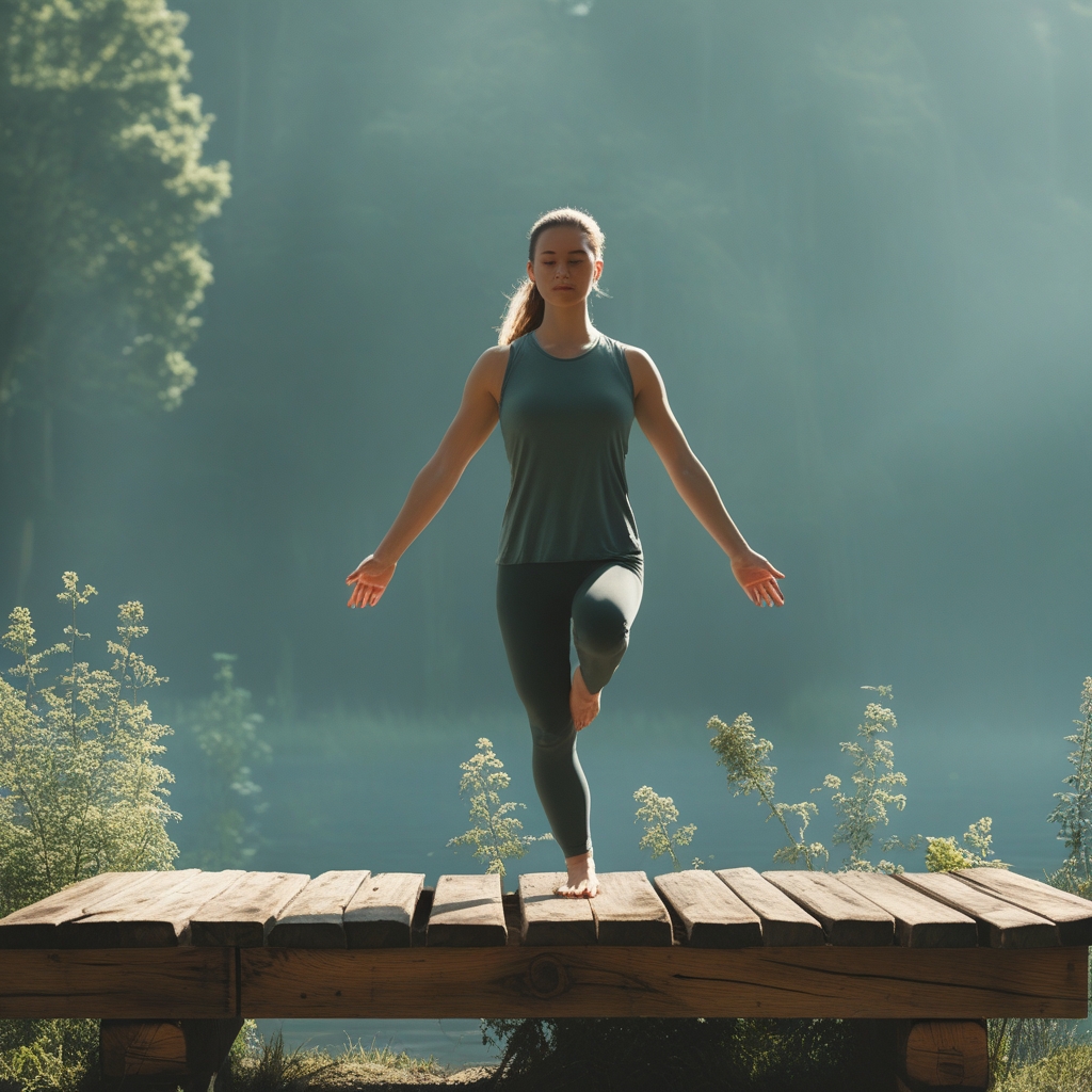 Person steht auf einem Bein auf einer Holzplattform im Freien, ruhige Umgebung mit verschwommenem Grün im Hintergrund, Konzentration auf Gleichgewicht und Körperstabilität