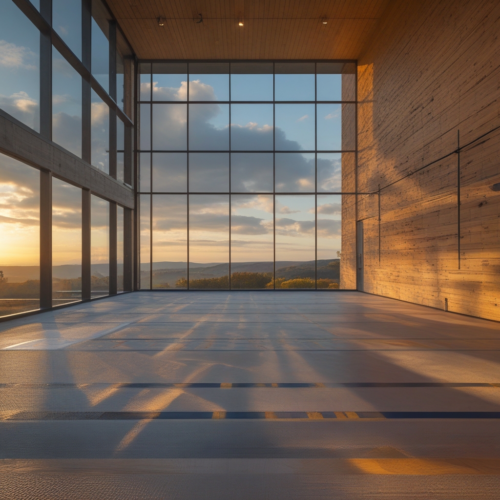 Seitenansicht eines leeren, modern eingerichteten Sportraums mit großen Fenstern, Holzparkett und strukturierten Wänden, warmes Seitenlicht erzeugt tiefe Schatten und betont die räumliche Tiefe