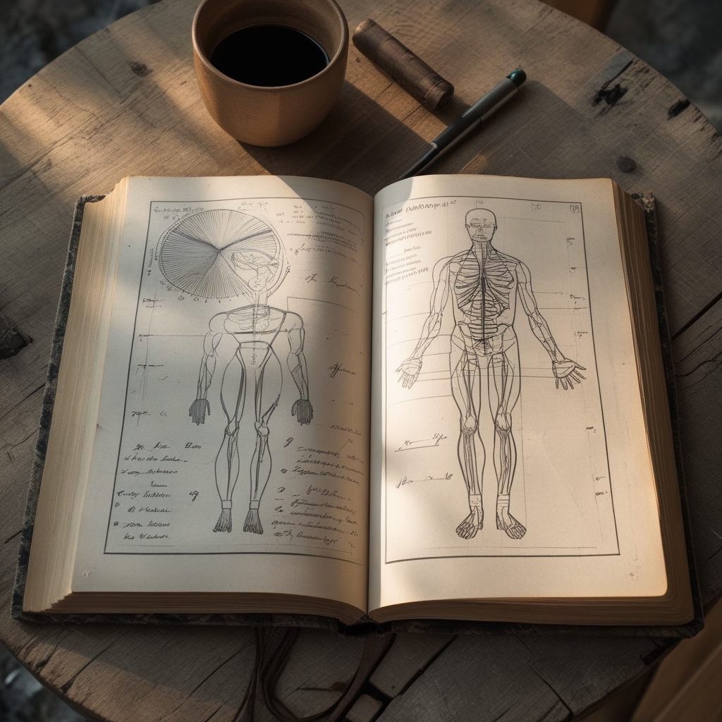 Nahaufnahme eines aufgeschlagenen wissenschaftlichen Buchs mit anatomischen Diagrammen auf einem Holztisch, natürliches Seitenlicht, ruhige Studienumgebung mit Tintenstift daneben